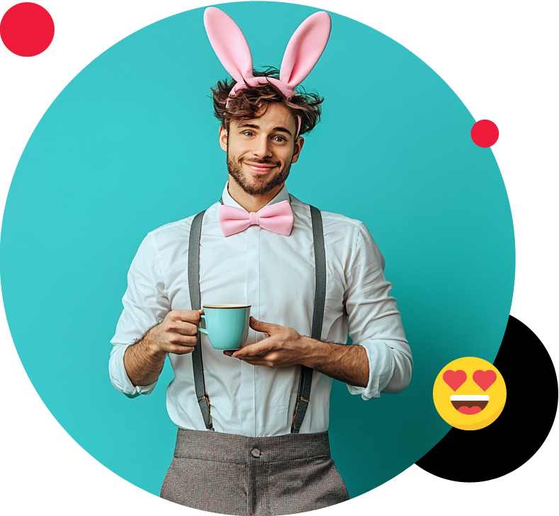 mężczyzna w wielkanocnym przebraniu pije kawę - cupping
