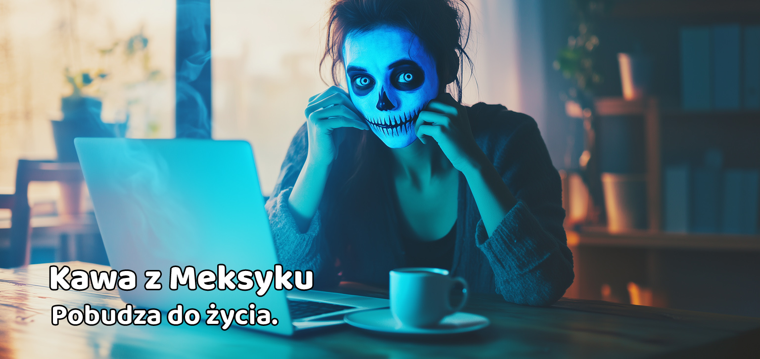 kobieta z twarzą santa muerte pracuje przy komputerze