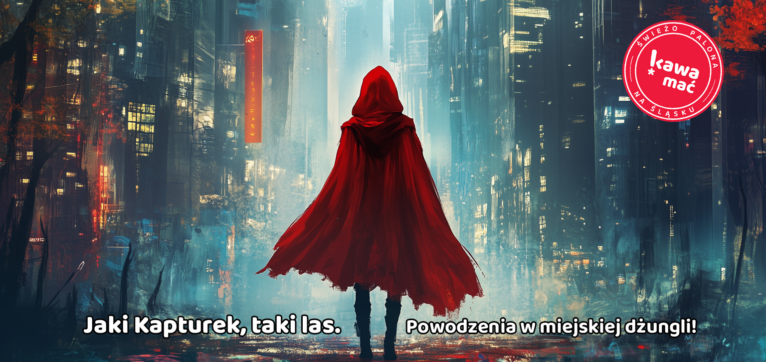 Młoda dziewczyna z czeronym płaszczem wchodzi do miejskiej dżungli